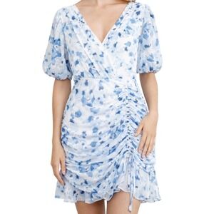 Be by Chetta B NWT Floral Watercolor Ruched Mini Dress Ruffle Hem Ivory Navy 12P